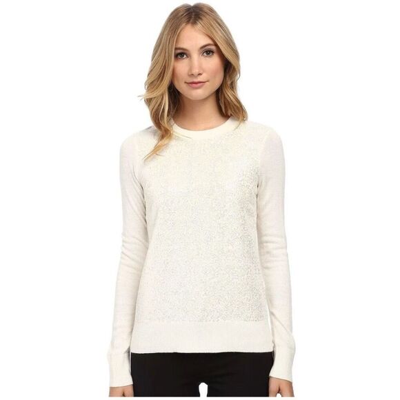 Kate Spade New York Ivory Sequin Front Sweater Keyhole Back Black Satin Bow Sz S - Picture 1 of 9